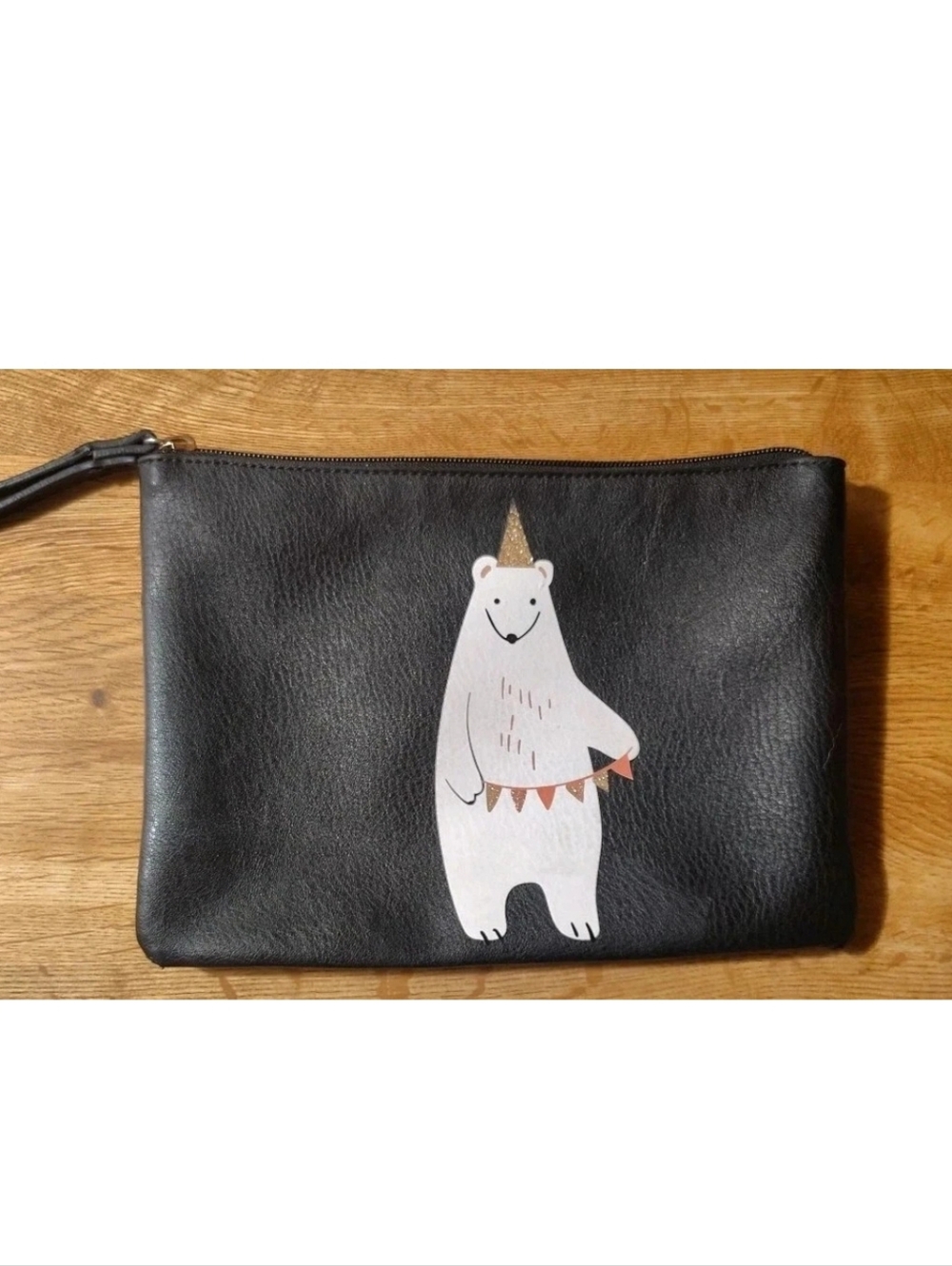Lauren Conrad Black Faux Leather Wristlet Pouch With Birthday Polar Bear